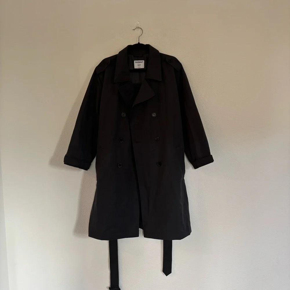 Old Navy Petite XL Water Resistant Tie Belt Trench Coat Panther Dark Gray - Picture 4 of 10